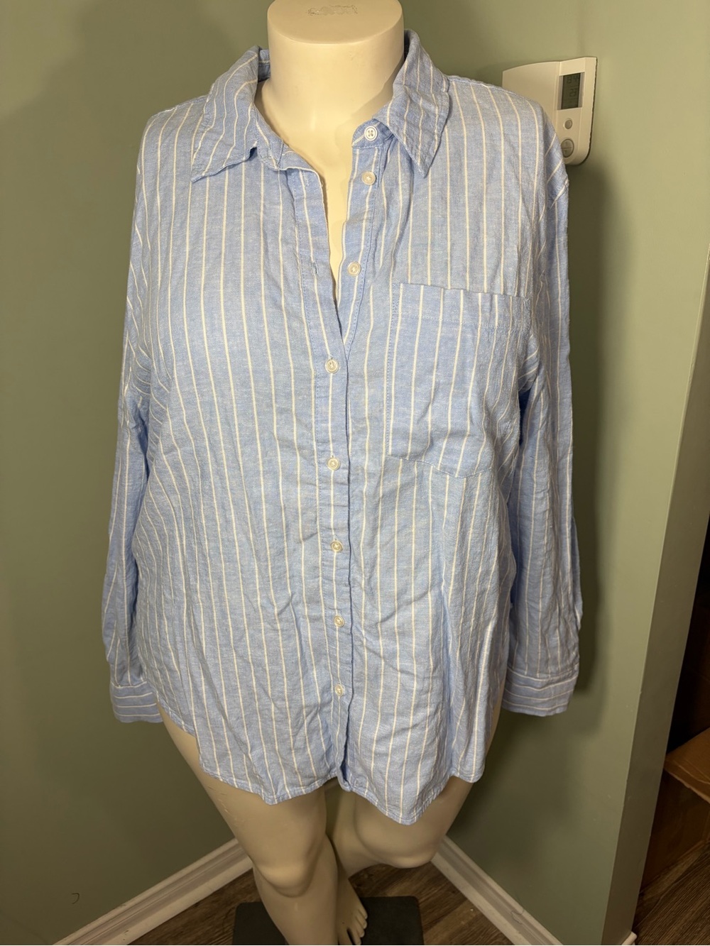 Dynamite Light Blue and White Striped Button-Up Blouse